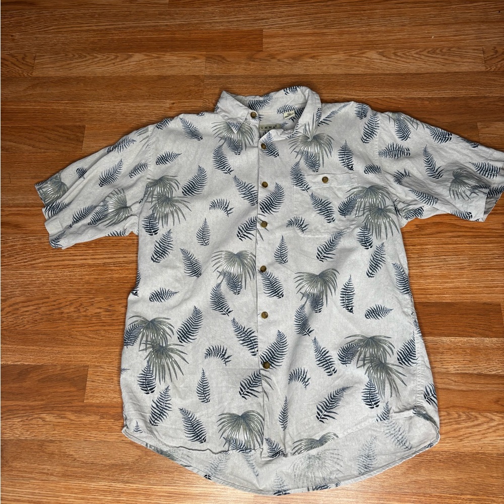 Summa 100% Silk Short Sleeve Button-Down Hawaiian Aloha Gray Shirt Size Medium